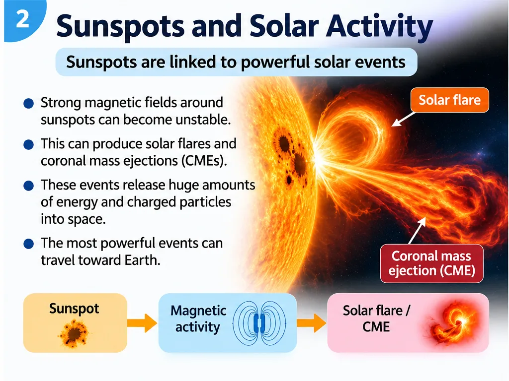 Sunspots and solar activity: strong magnetic fields around sunspots can become unstable and produce solar flares and coronal mass ejections