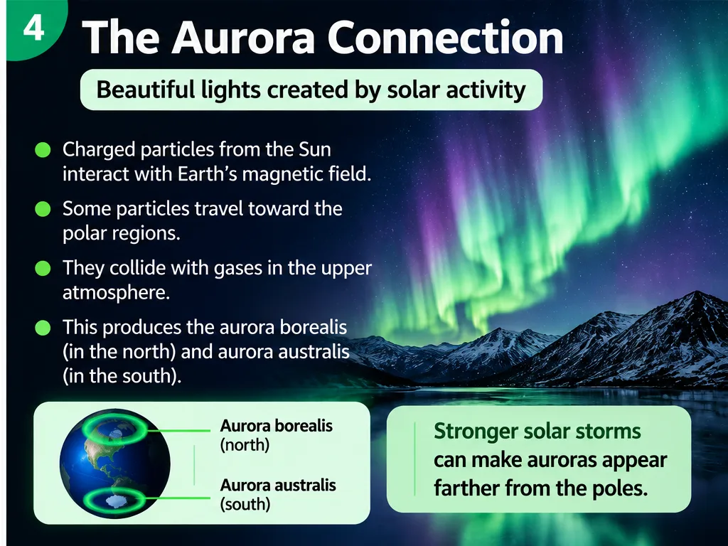 The aurora connection: charged particles from the Sun interact with Earth’s magnetic field and collide with gases in the upper atmosphere to make the aurora borealis and aurora australis