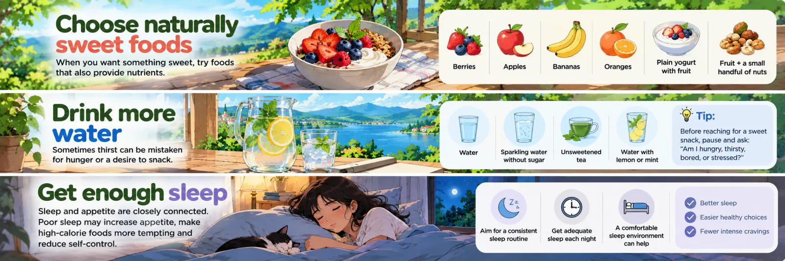 Choose naturally sweet foods such as berries, apples, bananas, oranges, plain yogurt with fruit and fruit with nuts; drink more water, sparkling water or unsweetened tea; get enough sleep with a consistent routine