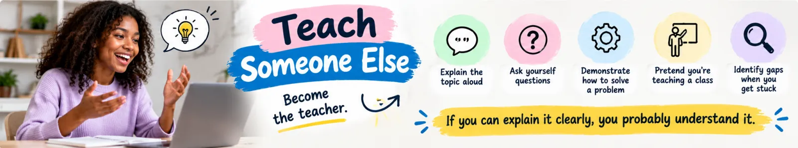 Illustration of a student explaining a topic with ideas for teaching someone else: explain aloud, ask yourself questions, demonstrate how to solve a problem, pretend to teach a class and identify gaps
