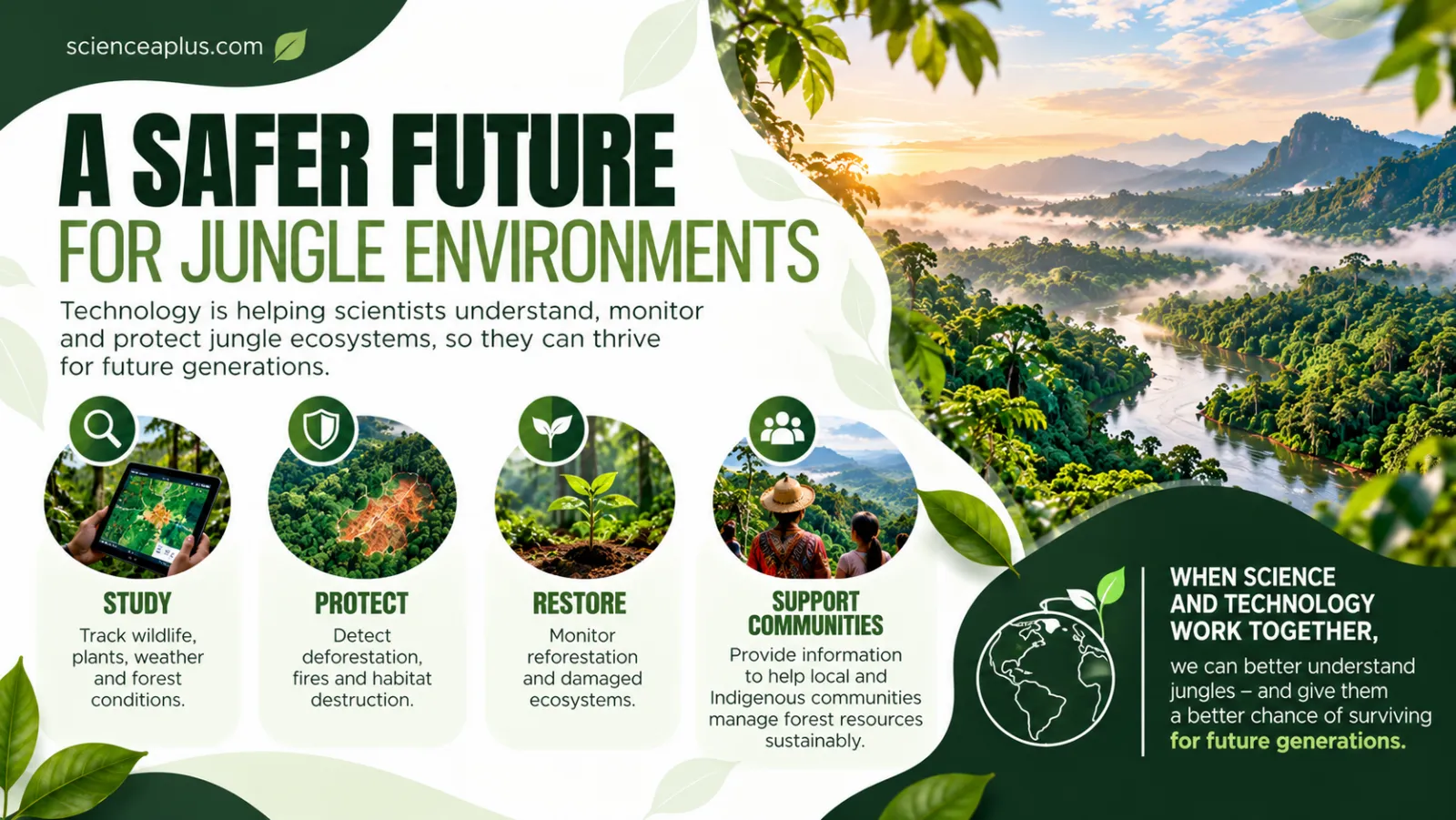 Infographic: technology helps scientists study, protect and restore jungle ecosystems and support local and Indigenous communities