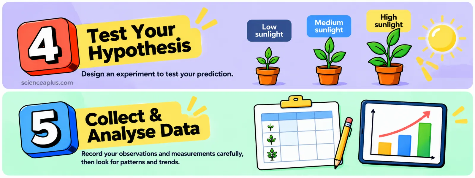 Step 4, test your hypothesis with three plants given low, medium and high sunlight, and step 5, collect and analyse data in a table and chart