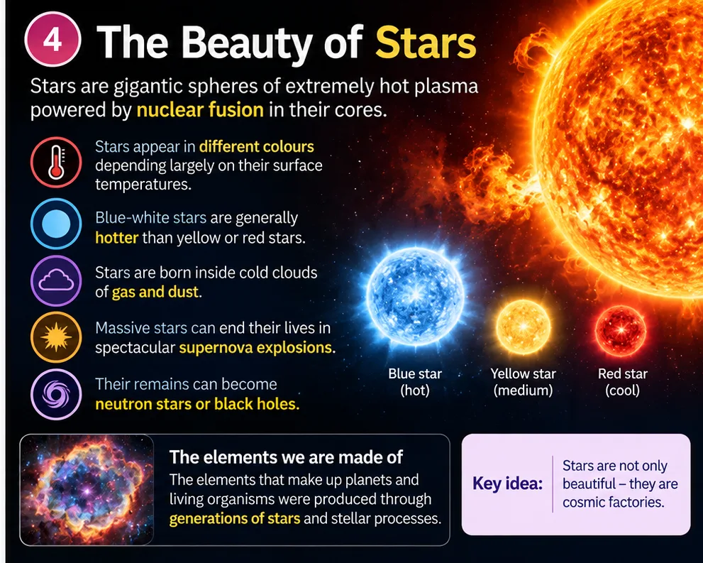 The beauty of stars: stars shine by nuclear fusion; blue stars are hottest and red stars coolest; stars are born in clouds of gas and dust and the elements we are made of came from stars
