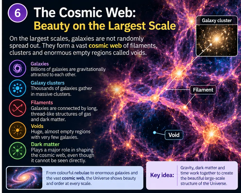 The cosmic web: galaxies, galaxy clusters, filaments and voids shaped by gravity and dark matter on the largest scales