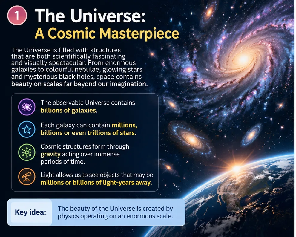 The universe, a cosmic masterpiece: billions of galaxies, each with millions to trillions of stars, shaped by gravity over immense time