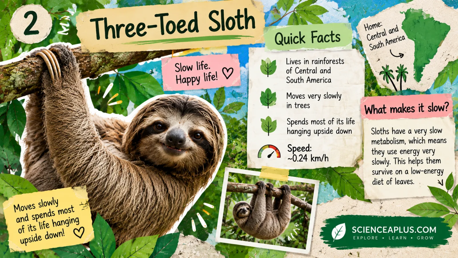Three-toed sloth facts infographic: lives in Central and South American rainforests, moves about 0.24 km/h and spends most of its life hanging upside down