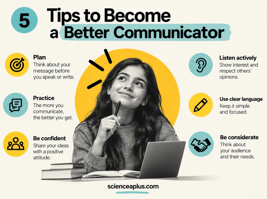 Infographic of tips to become a better communicator: plan, practise, be confident, listen actively, use clear language and be considerate