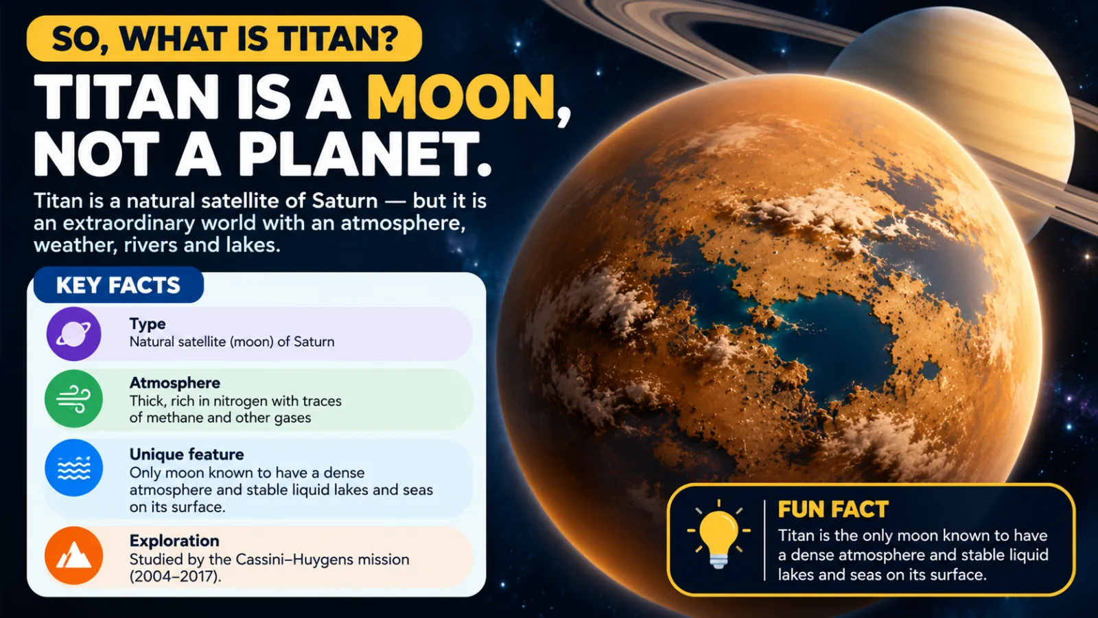 Titan is a moon, not a planet: a natural satellite of Saturn with a thick nitrogen-rich atmosphere and stable liquid lakes and seas, studied by the Cassini–Huygens mission from 2004 to 2017