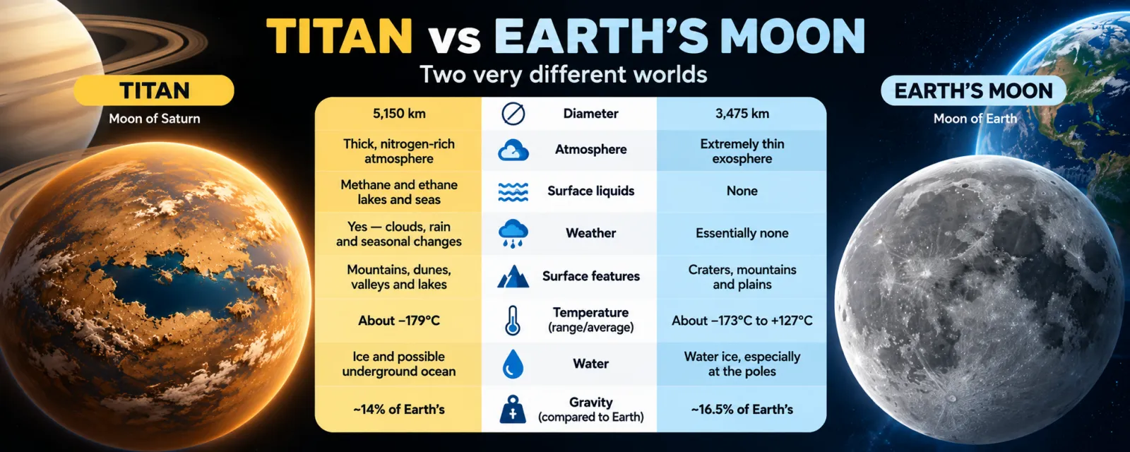 Titan versus Earth’s Moon: diameter 5,150 km vs 3,474 km; thick nitrogen atmosphere vs extremely thin exosphere; methane and ethane lakes vs none; weather vs essentially none; about −179 °C vs −173 to +127 °C; gravity about 14% vs 16.5% of Earth’s