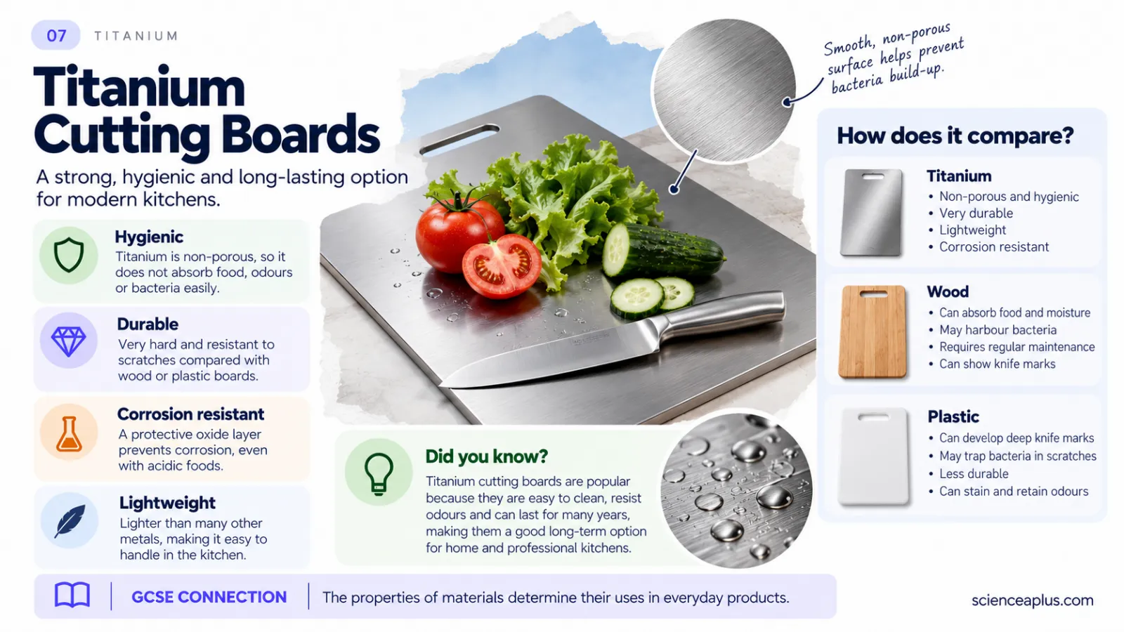 Infographic on titanium cutting boards compared with wood and plastic