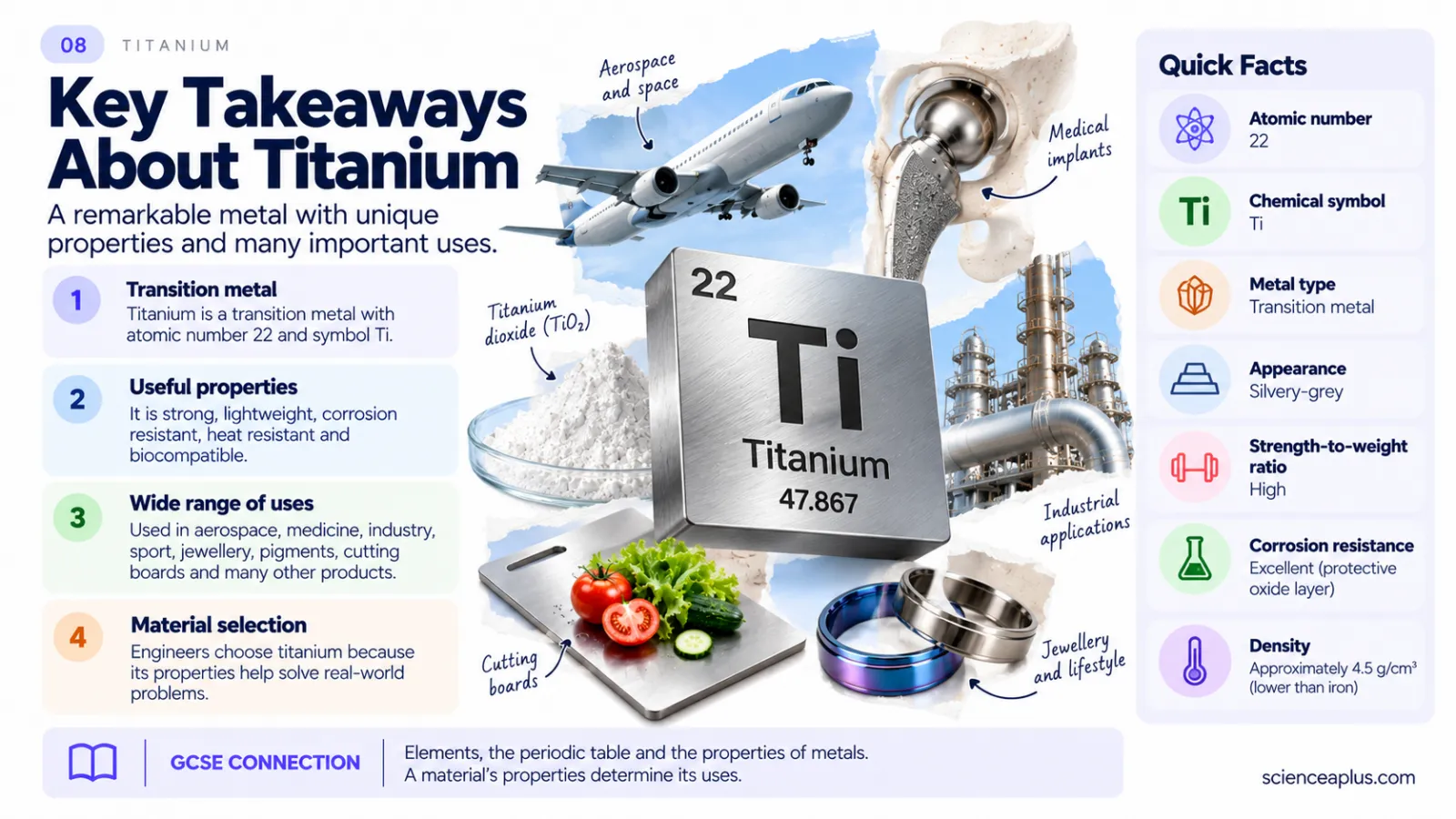 Infographic: key takeaways about titanium — transition metal 22, strong, light, corrosion resistant, biocompatible, density about 4.5 g/cm³, uses from aerospace to jewellery