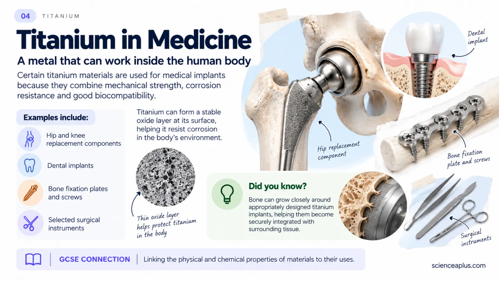 Infographic: titanium in medicine — hip and knee replacements, dental implants, bone plates and screws, surgical instruments; bone grows onto titanium
