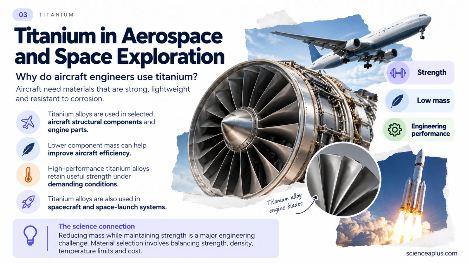 Infographic: titanium in aerospace — alloys in aircraft structures and engine parts, lower mass, strength under demanding conditions, spacecraft and launch systems