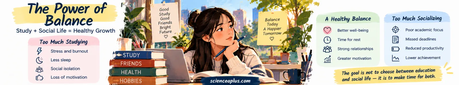 Infographic The Power of Balance: too much studying can mean stress, less sleep and isolation; a healthy balance means better wellbeing, rest and strong relationships; too much socialising can mean missed deadlines