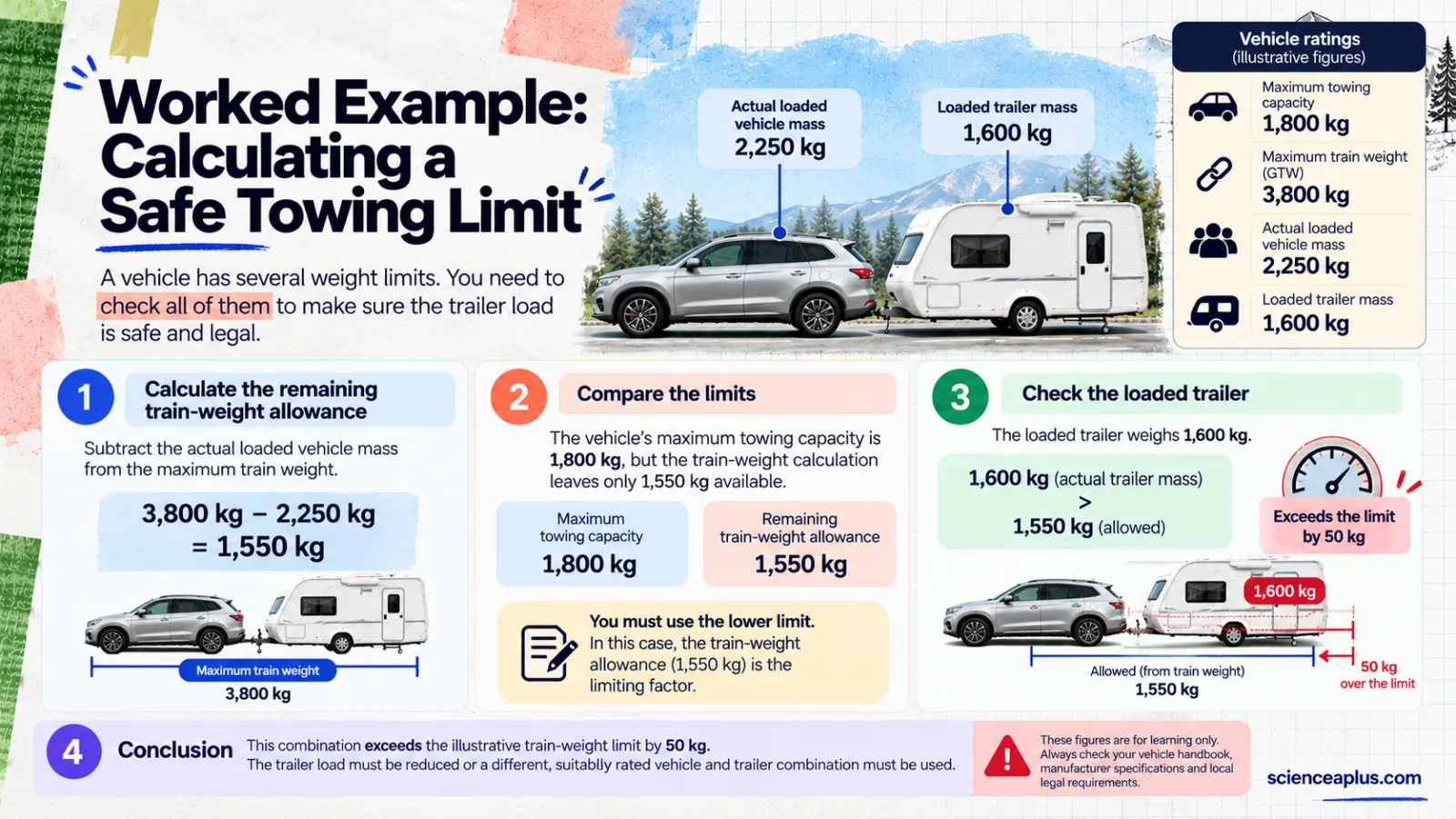 Worked example infographic: train weight 3,800 kg minus loaded car 2,250 kg leaves 1,550 kg, so a 1,600 kg trailer is 50 kg over the limit even though the towing capacity is 1,800 kg