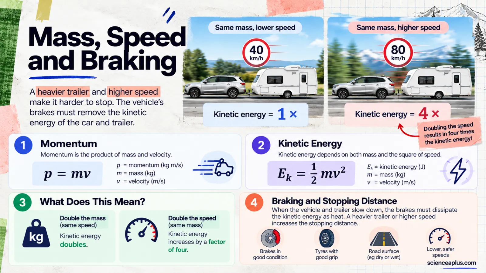 Infographic showing that a car and caravan at 80 km/h has four times the kinetic energy it has at 40 km/h, with p = mv and Ek = ½mv² and factors affecting stopping distance