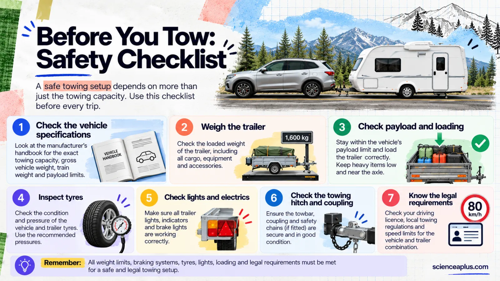 Before you tow safety checklist infographic: check the vehicle specifications, weigh the trailer, check payload and loading, inspect tyres, check lights, check the hitch and coupling, and know the legal requirements