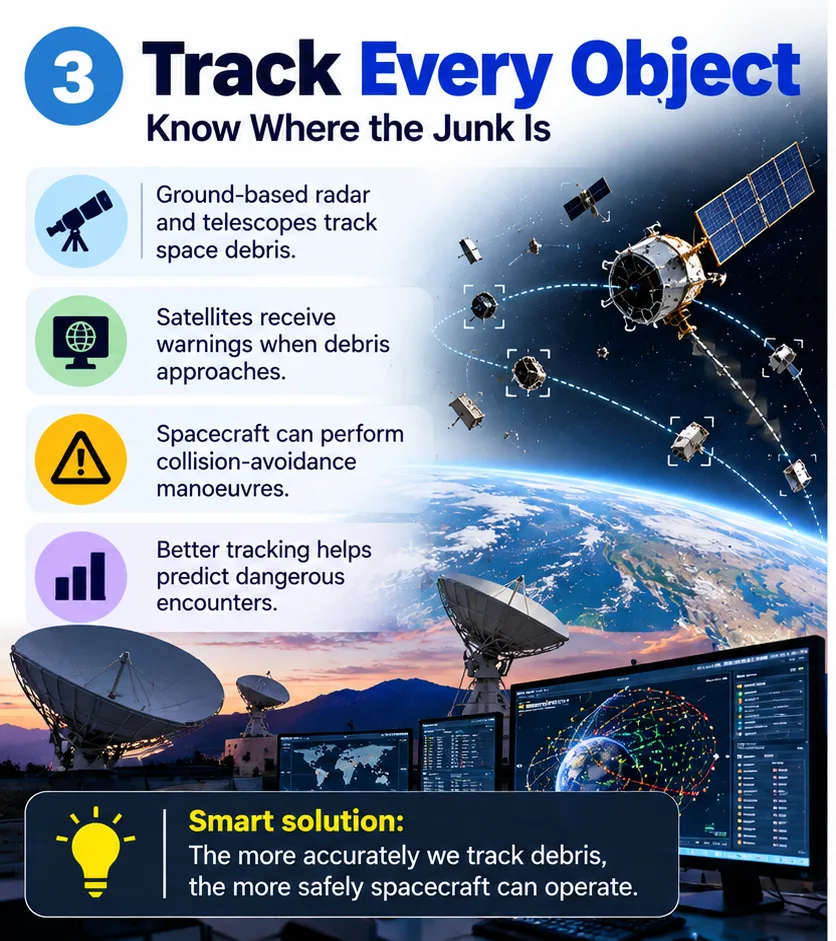 Track every object: ground-based radar and telescopes track space debris, satellites receive warnings and can perform collision-avoidance manoeuvres