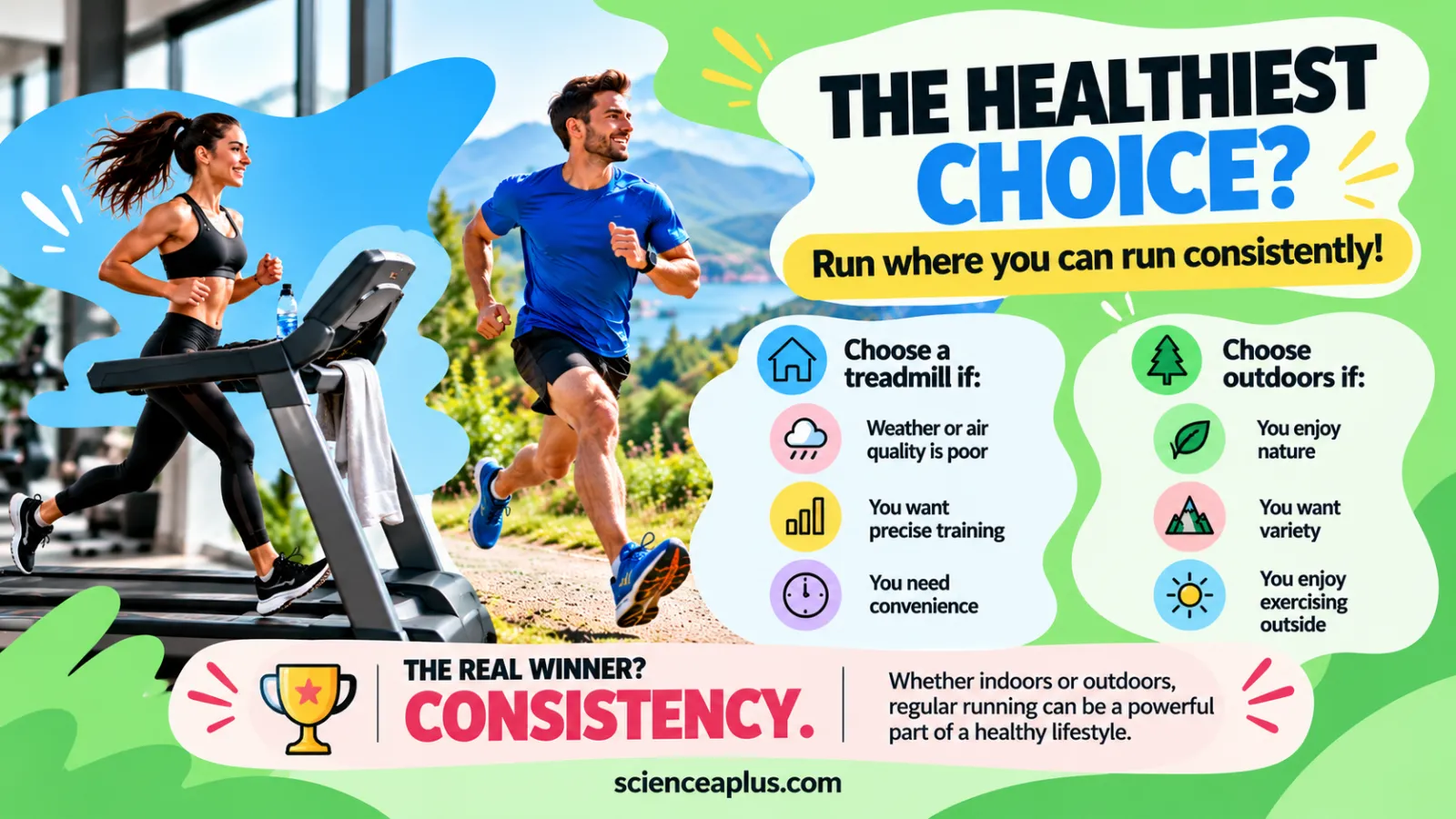 The healthiest choice: choose a treadmill if the weather or air quality is poor, you want precise training or need convenience; choose outdoors if you enjoy nature, variety and exercising outside — the real winner is consistency