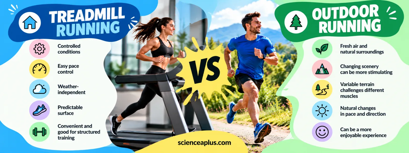 Treadmill running vs outdoor running: controlled conditions, pace control, weather-independent and predictable surface indoors; fresh air, changing scenery, variable terrain and natural changes in pace outdoors