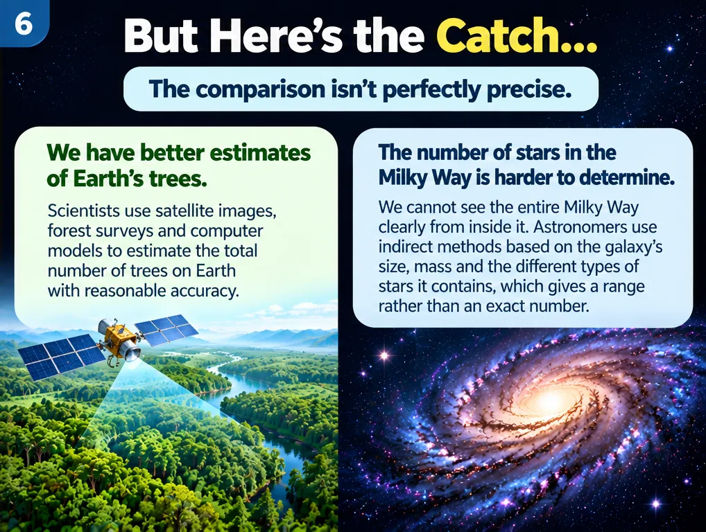 The catch: we have better estimates of Earth’s trees from satellites and surveys, while the number of stars in the Milky Way is harder to determine from inside the galaxy