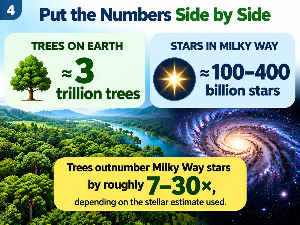 Trees on Earth about 3 trillion versus stars in the Milky Way about 100 to 400 billion: trees outnumber Milky Way stars by roughly 7 to 30 times