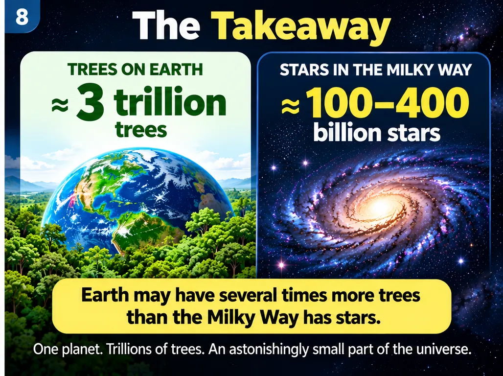 The takeaway: about 3 trillion trees on Earth and 100 to 400 billion stars in the Milky Way