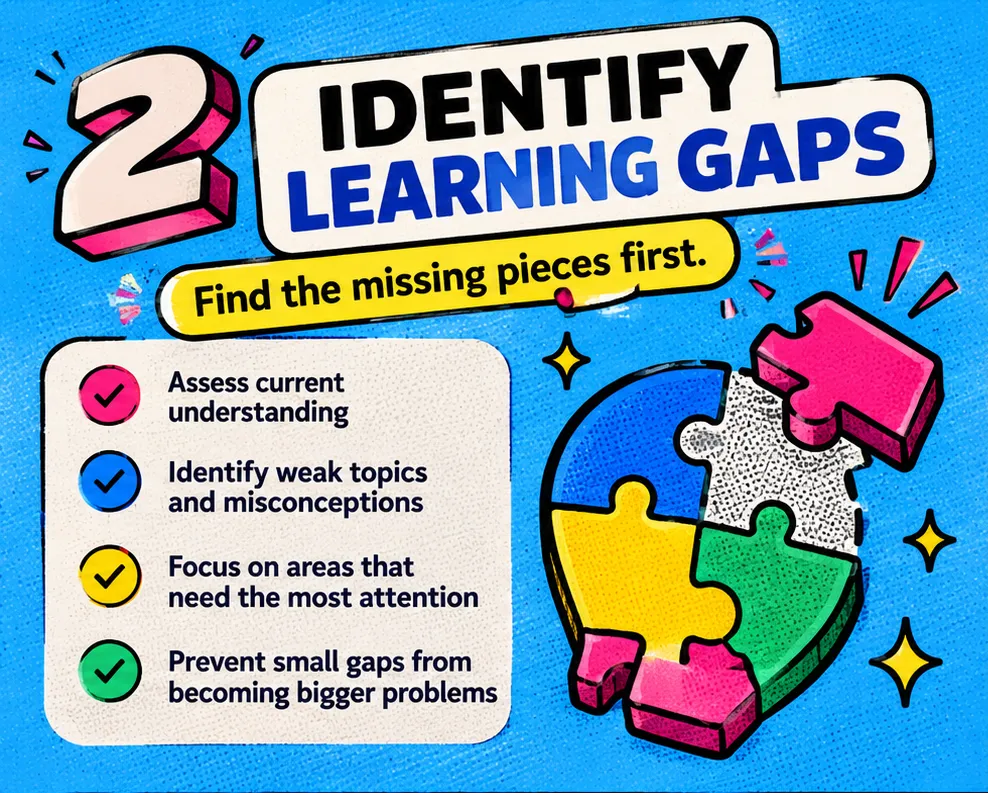 Infographic: identify learning gaps by assessing current understanding, finding weak topics and misconceptions, focusing on areas that need most attention and preventing small gaps becoming bigger problems