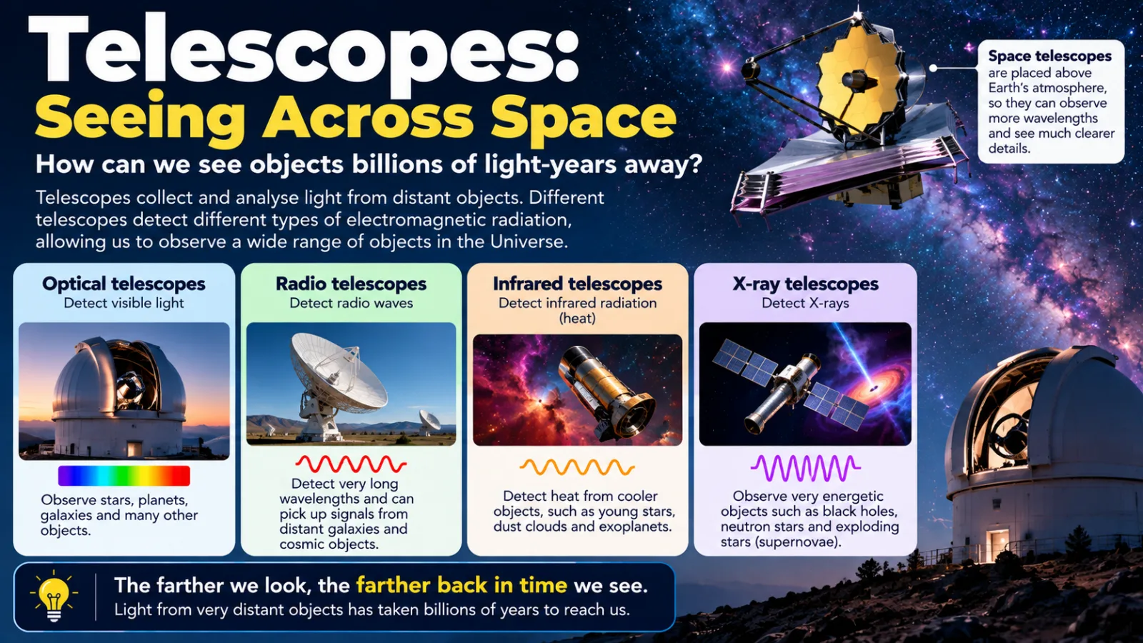 Types of telescopes: optical telescopes detect visible light, radio telescopes detect radio waves, infrared telescopes detect heat and X-ray telescopes detect X-rays