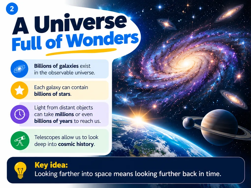 A universe full of wonders: billions of galaxies, each with billions of stars; light from distant objects can take millions or billions of years to reach us, so telescopes look back in time