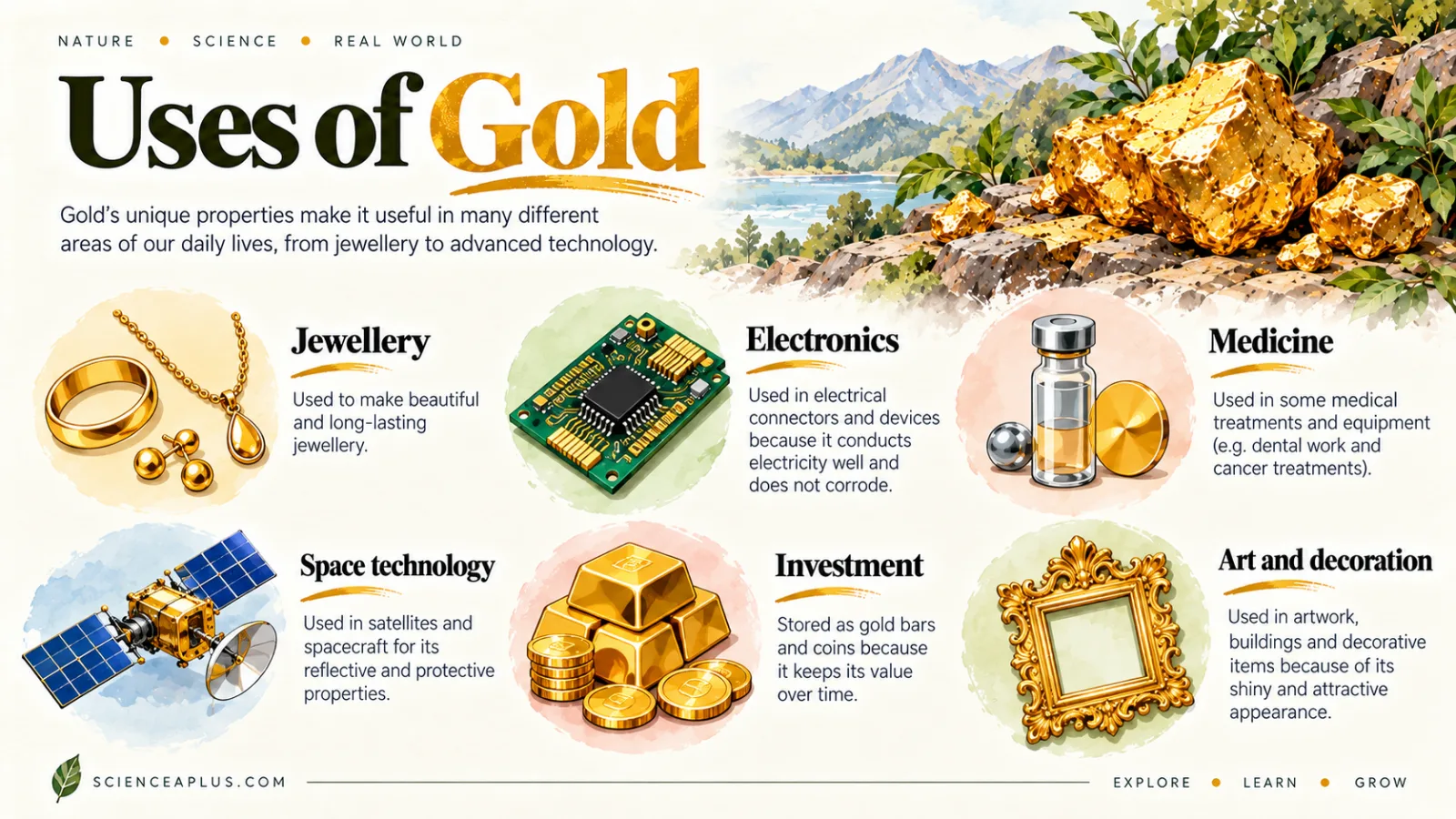 Uses of gold infographic: jewellery, electronics, medicine, space technology, investment, and art and decoration