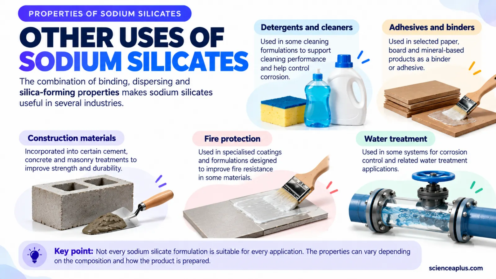 Uses of sodium silicates: detergents, adhesives and binders, construction materials, fire protection and water treatment