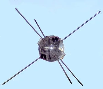 Vanguard 1, a small shiny metal sphere with six long thin aerials