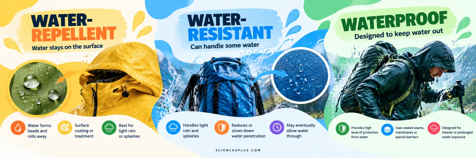 Three levels of water protection: water-repellent (water stays on the surface and beads off, surface coating, best for light rain), water-resistant (handles light rain and splashes, slows water but may eventually let it through) and waterproof (sealed seams and membranes for heavy or prolonged rain)