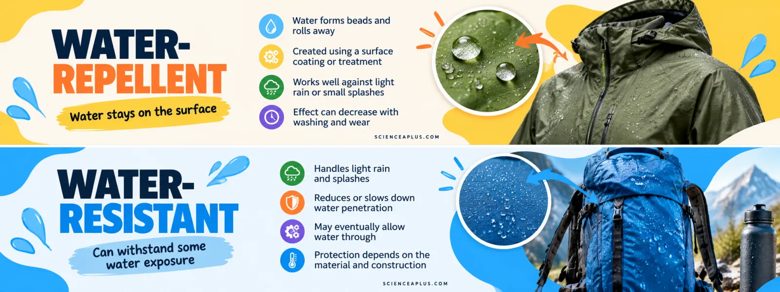 Water-repellent vs water-resistant: a repellent jacket where water forms beads from a surface coating that wears with washing, and a water-resistant backpack that handles light rain and slows water but may eventually let it through