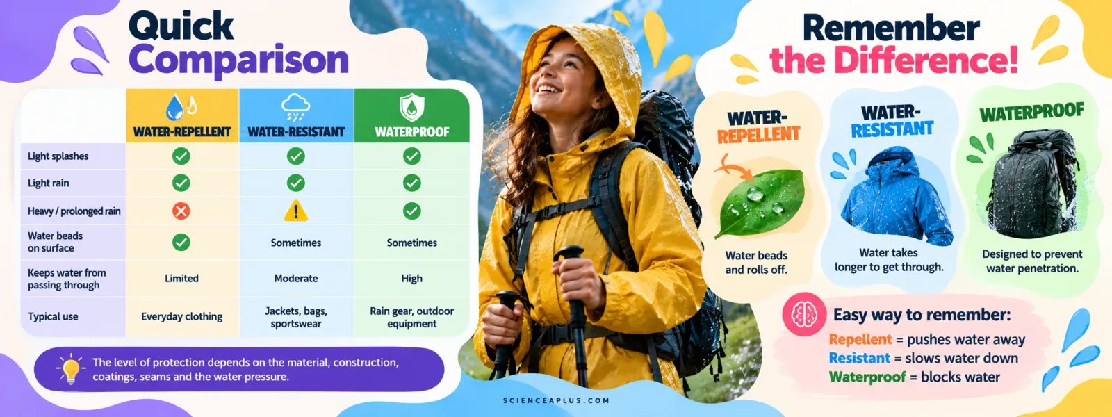 Quick comparison table of water-repellent, water-resistant and waterproof gear for splashes, light rain and heavy rain, with an easy way to remember: repellent pushes water away, resistant slows water down, waterproof blocks water