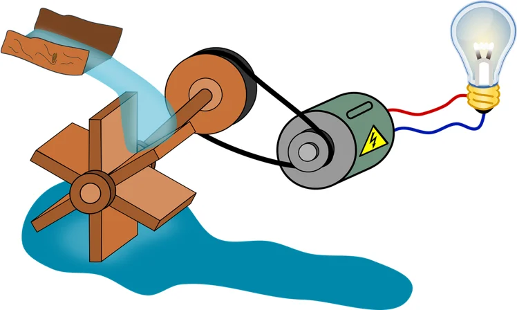 Illustration of water pouring from a chute onto a wooden water wheel, which drives a generator by a belt; the generator lights a bulb