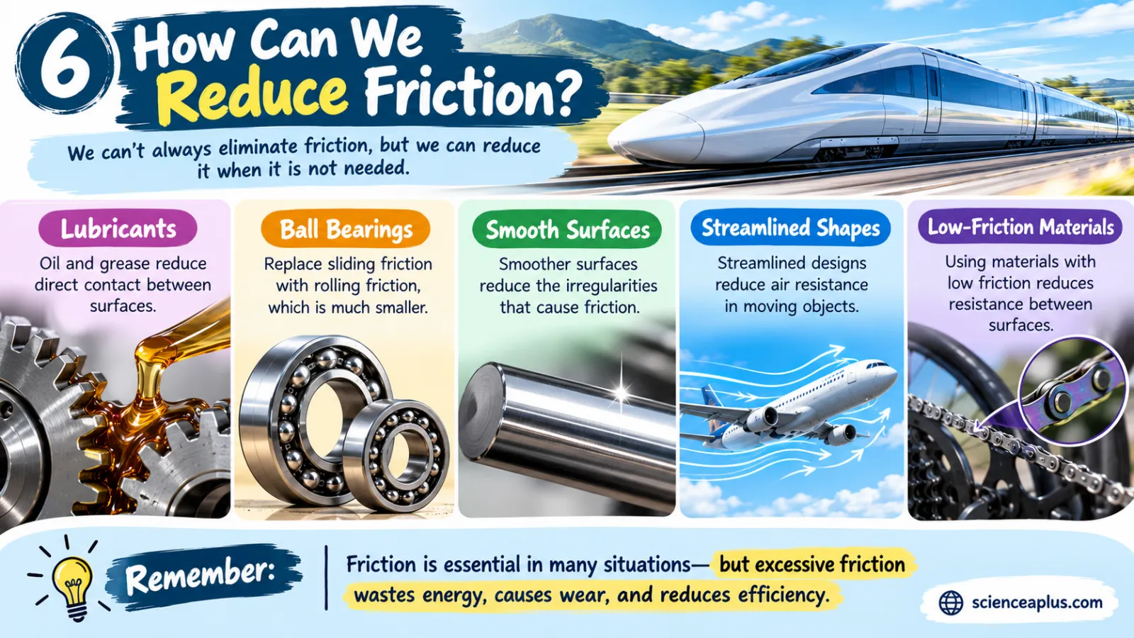 Infographic: how can we reduce friction? Lubricants, ball bearings, smooth surfaces, streamlined shapes and low-friction materials. Friction is essential in many situations, but excessive friction wastes energy, causes wear and reduces efficiency