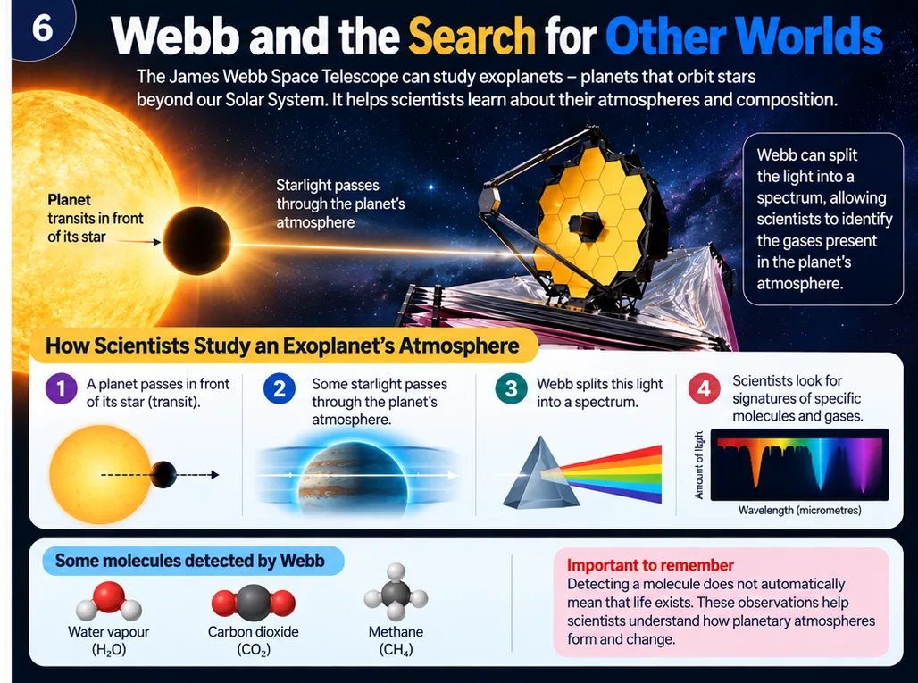How Webb studies exoplanet atmospheres: starlight passes through a transiting planet’s atmosphere and is split into a spectrum showing molecules such as water vapour, carbon dioxide and methane