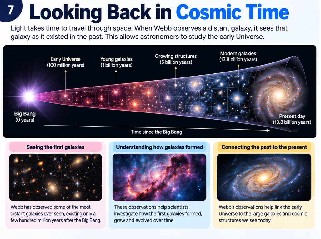 Looking back in cosmic time: light from distant galaxies left them billions of years ago, so Webb sees the early universe as it was