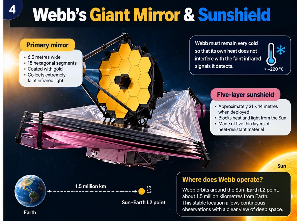 Webb’s giant mirror and sunshield: a 6.5 metre gold-coated mirror of 18 hexagonal segments and a five-layer sunshield the size of a tennis court