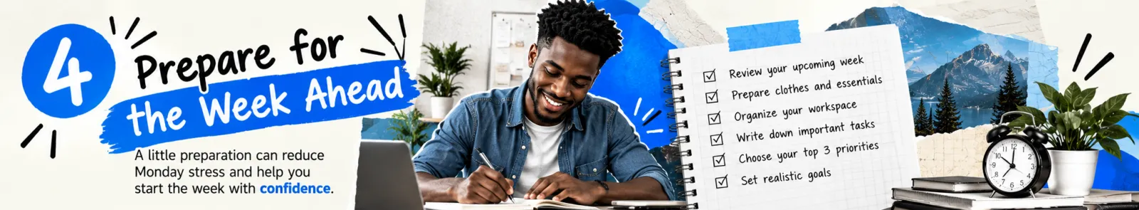 Weekend infographic: prepare for the week ahead, with a checklist to review your upcoming week, prepare clothes and essentials, organise your workspace, write down important tasks, choose your top 3 priorities and set realistic goals