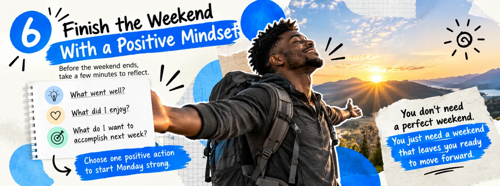 Weekend infographic: finish the weekend with a positive mindset, asking what went well, what did I enjoy and what do I want to accomplish next week