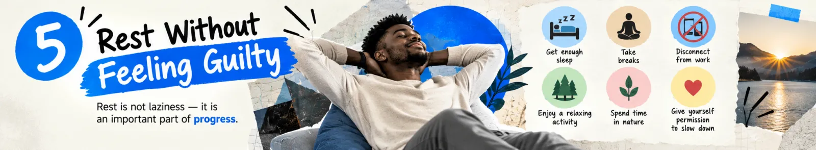 Weekend infographic: rest without feeling guilty, with ideas such as get enough sleep, take breaks, disconnect from work, enjoy a relaxing activity, spend time in nature and give yourself permission to slow down