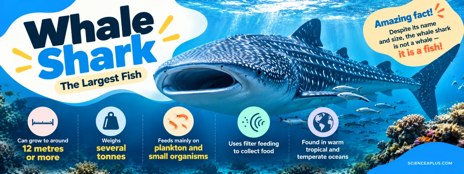 Whale shark, the largest fish: grows to around 12 m or more, weighs several tonnes, filter-feeds on plankton and small organisms in warm seas
