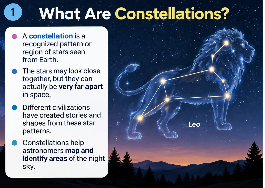 What are constellations: a recognised pattern or region of stars seen from Earth; the stars may look close but can be very far apart