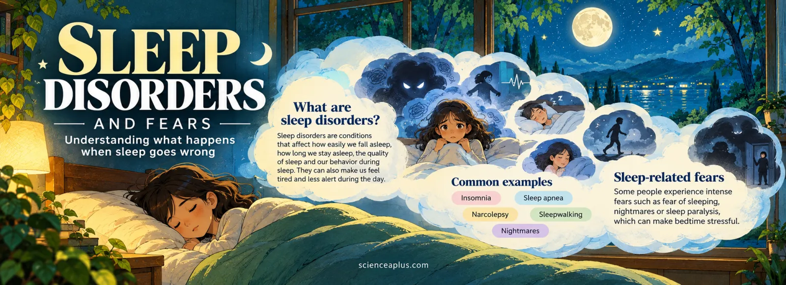 What are sleep disorders: conditions that affect how easily we fall asleep, how long we stay asleep, sleep quality and behaviour during sleep; common examples include insomnia, sleep apnoea, narcolepsy, sleepwalking and nightmares