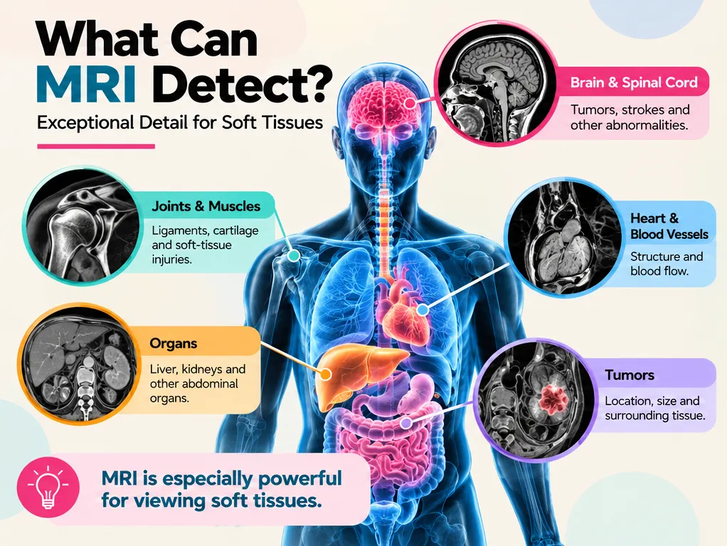 What can MRI detect: brain and spinal cord, joints and muscles, heart and blood vessels, liver and kidneys, and tumours — exceptional detail for soft tissues