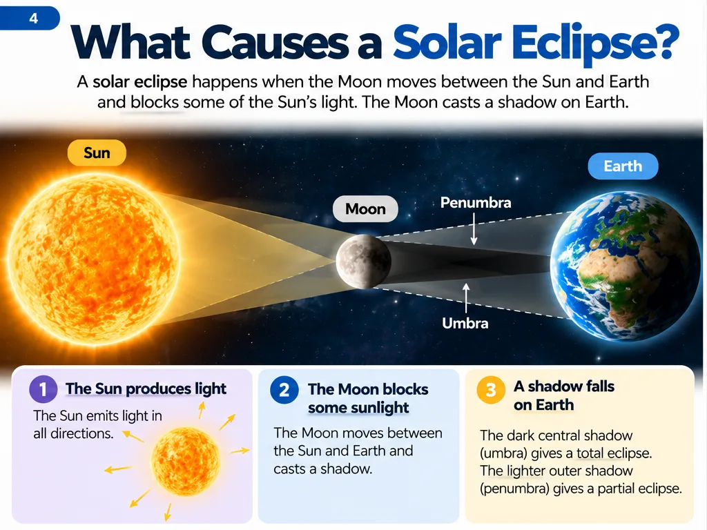 What causes a solar eclipse: the Moon blocks sunlight and casts a dark umbra and lighter penumbra on Earth