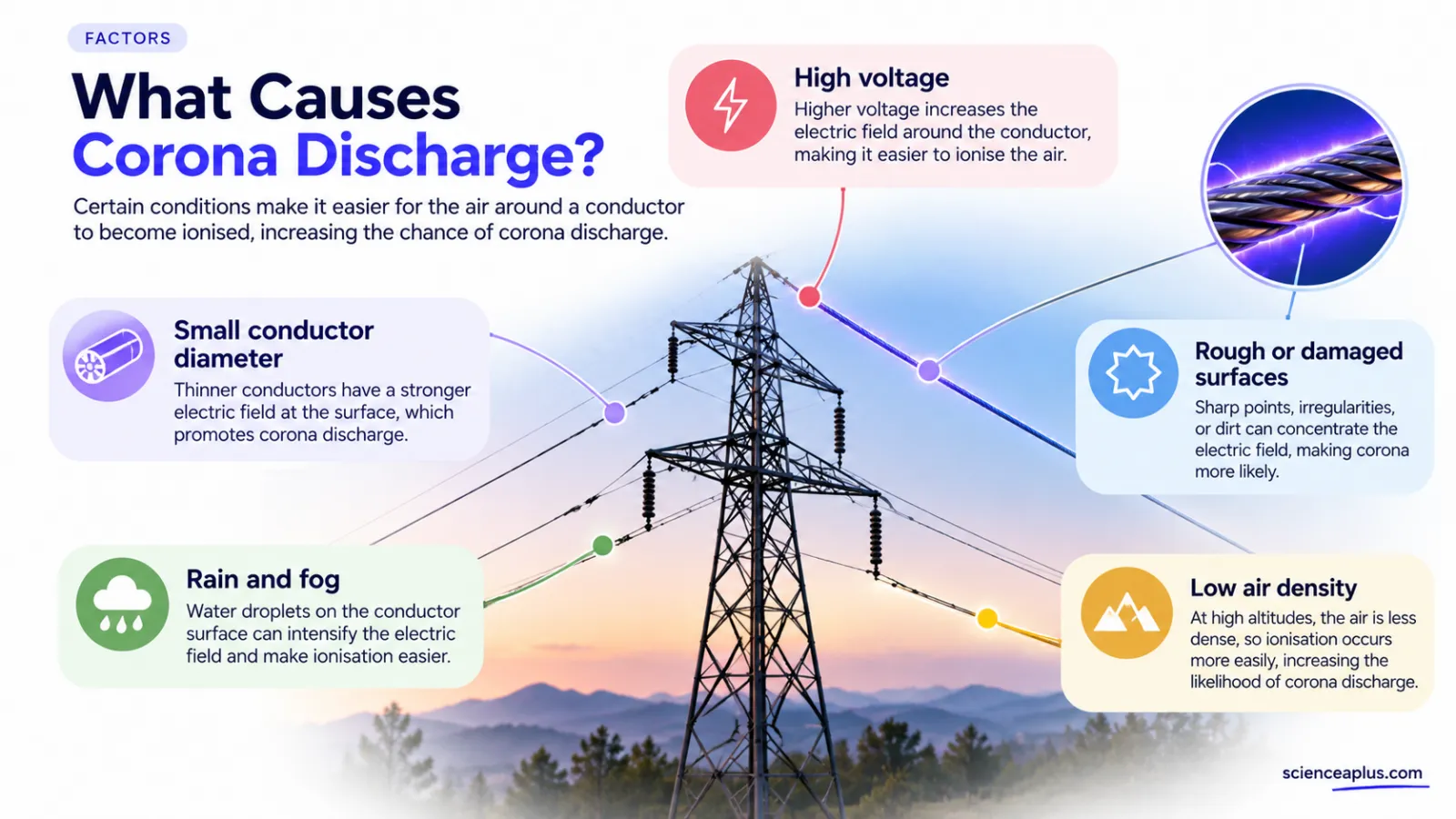 Infographic of five factors that cause corona discharge: high voltage, thin conductors, rough surfaces, rain and fog, low air density